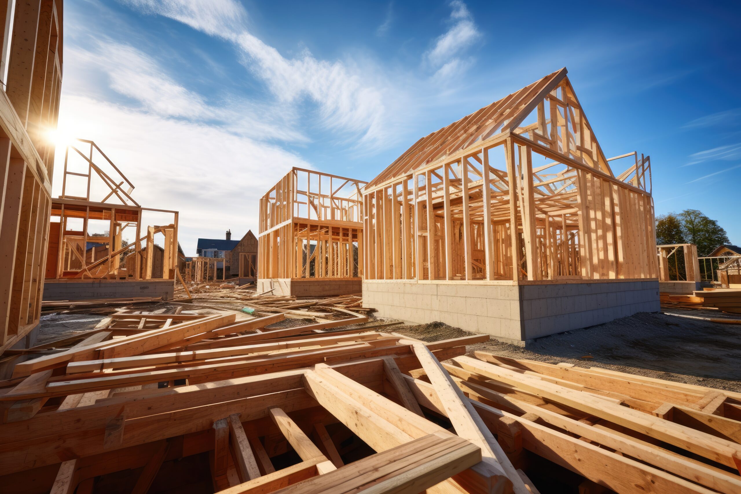 Construction of a new house with wooden roof trusses and beams, Construction of a new house with a wooden frame, AI Generated