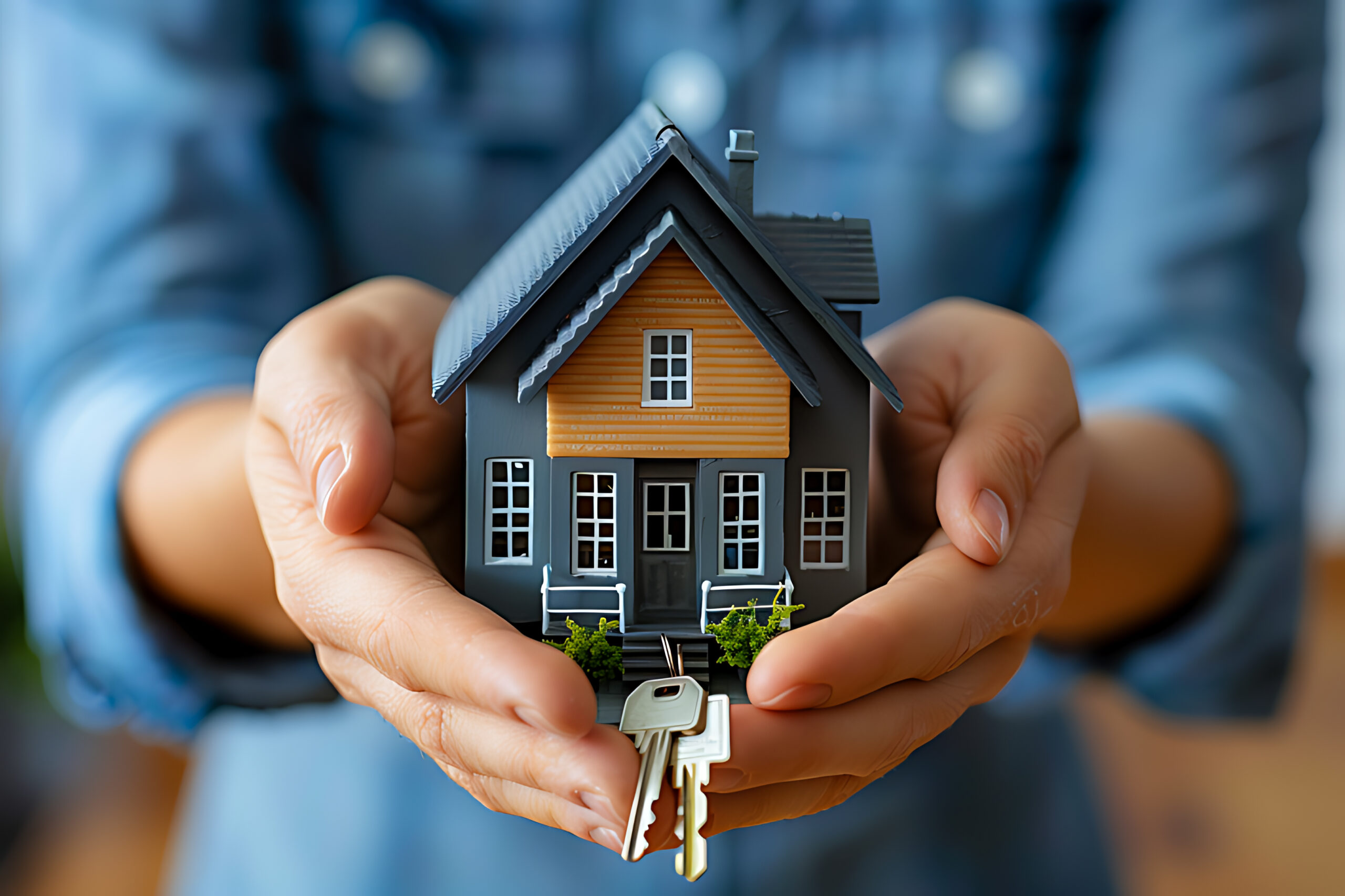 Hands holding a small wooden house with keys, symbolizing homeownership,owning real estate AI generated