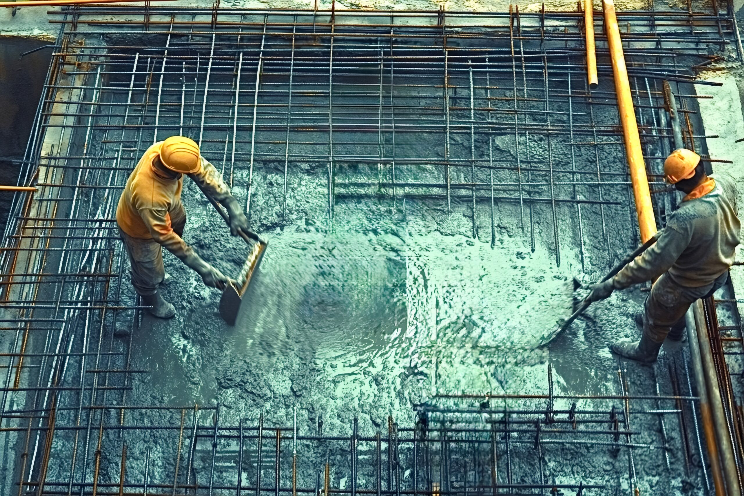 Two construction workers leveling concrete within a rebar grid, diligently forming the foundation for a new structure, showcasing teamwork and precision on the building site